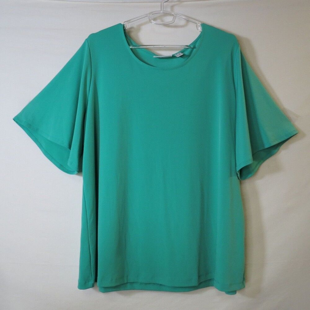Susan Graver Womens Turquoise Liquid Knit Scoop Neck Top Comfort Flutter Sz 1X